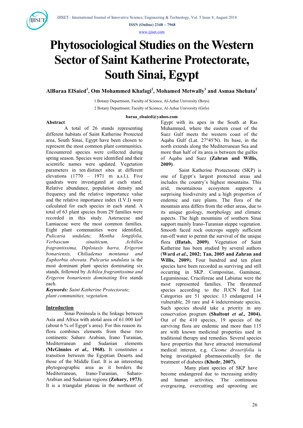 Phytosociological Studies on the Western Sector of Saint Katherine Protectorate, South Sinai, Egypt