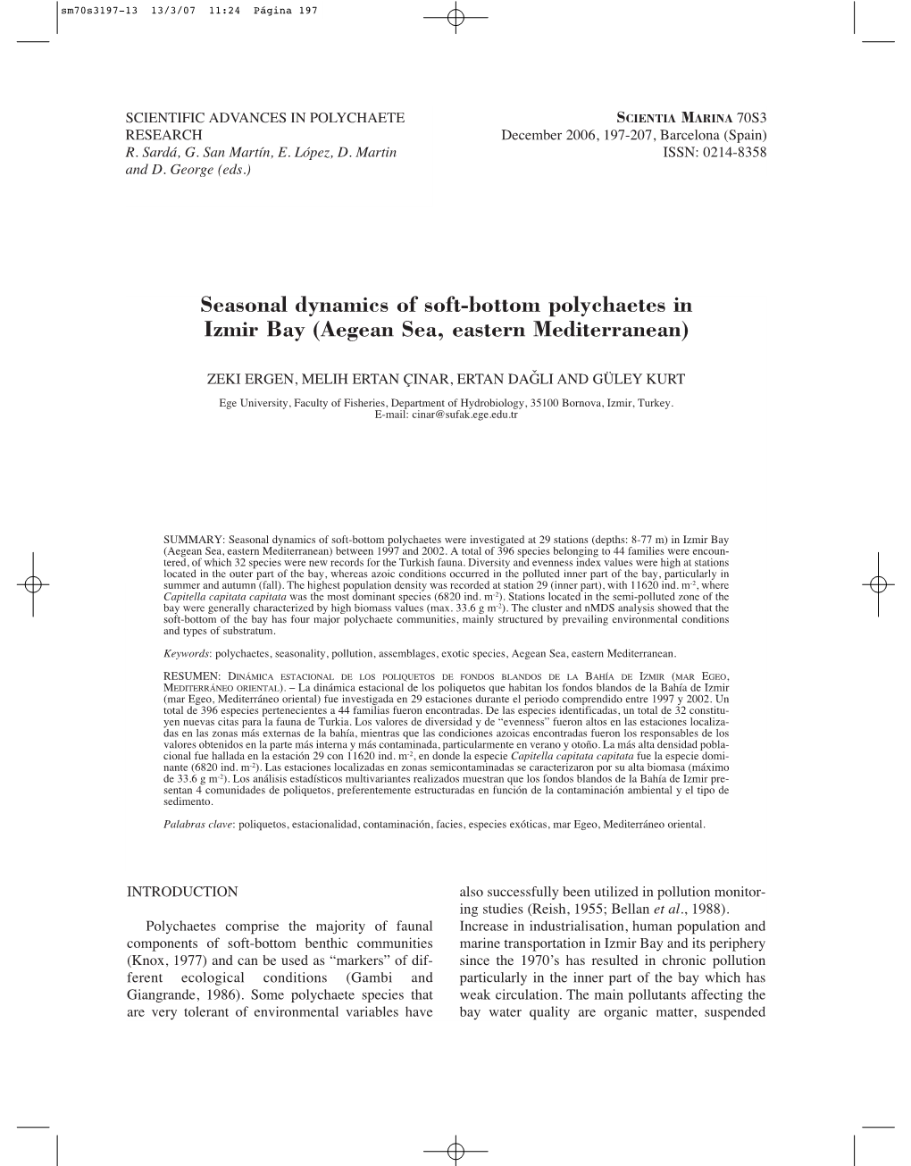 Seasonal Dynamics of Soft-Bottom Polychaetes in Izmir Bay (Aegean Sea, Eastern Mediterranean)