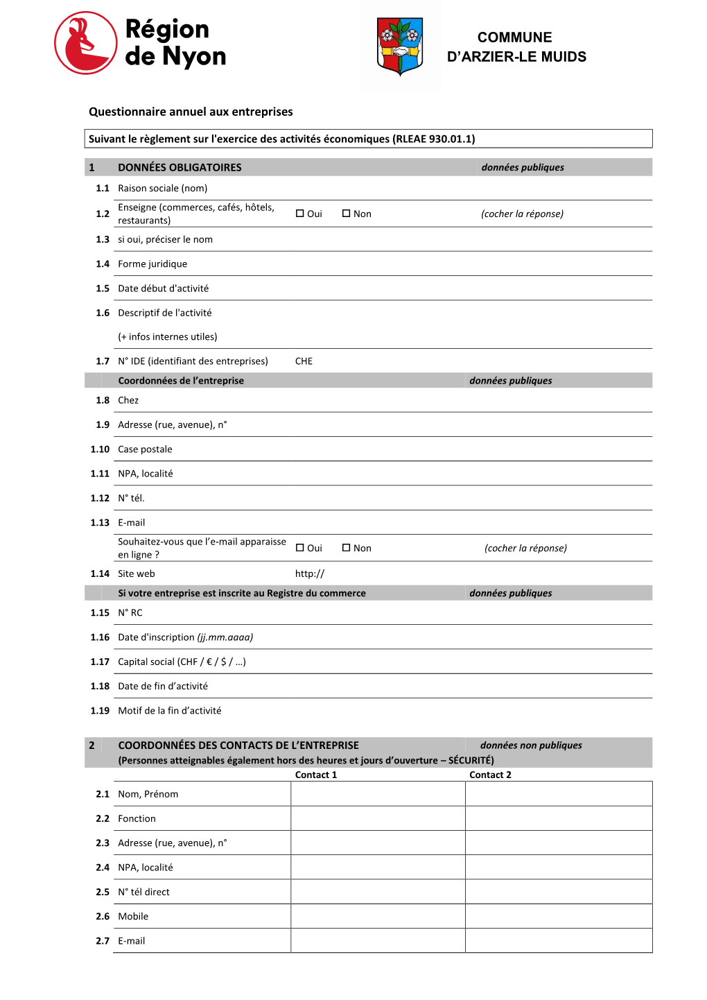 Questionnaire Annuel Aux Entreprises