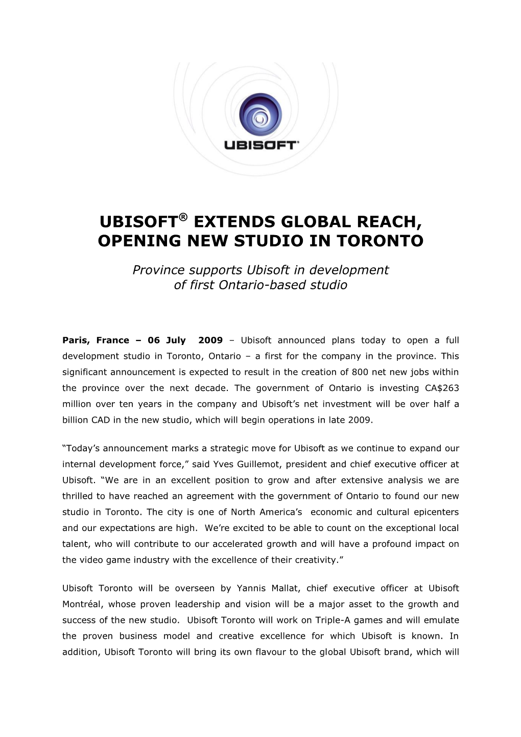 Ubisoft® Extends Global Reach, Opening New Studio in Toronto