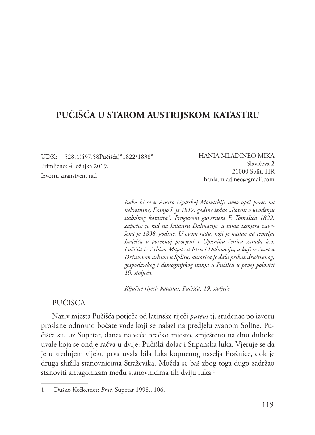 Pučišća U Starom Austrijskom Katastru