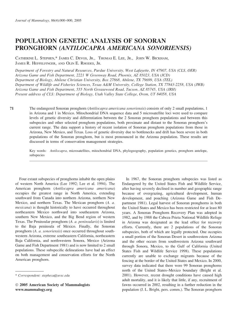 Population Genetic Analysis of Sonoran Pronghorn (Antilocapra Americana Sonoriensis)