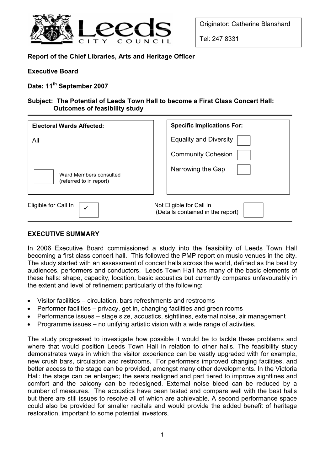 The Potential of Leeds Town Hall to Become a First Class Concert Hall: Outcomes of Feasibility Study