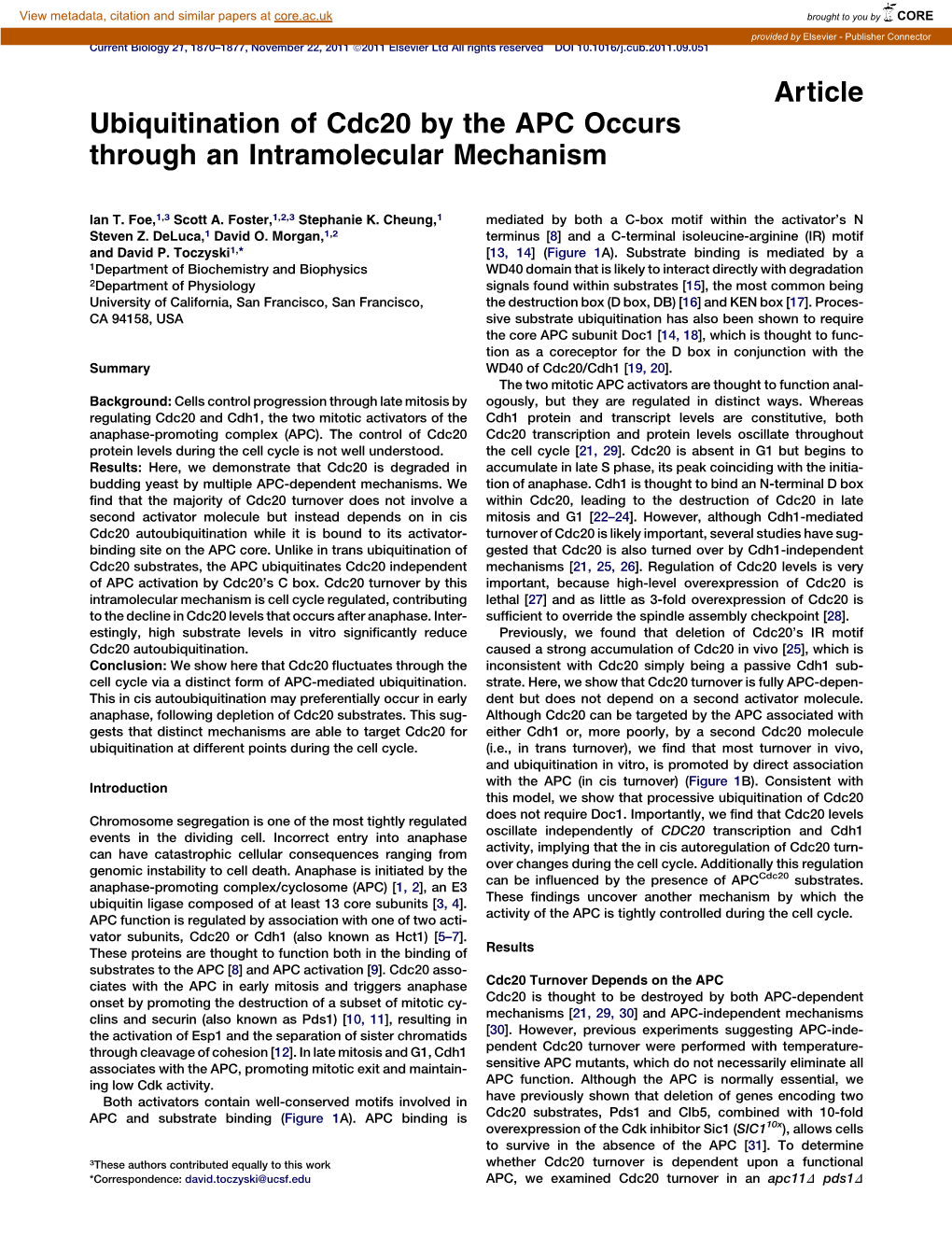 Ubiquitination of Cdc20 by the APC Occurs Through an Intramolecular Mechanism