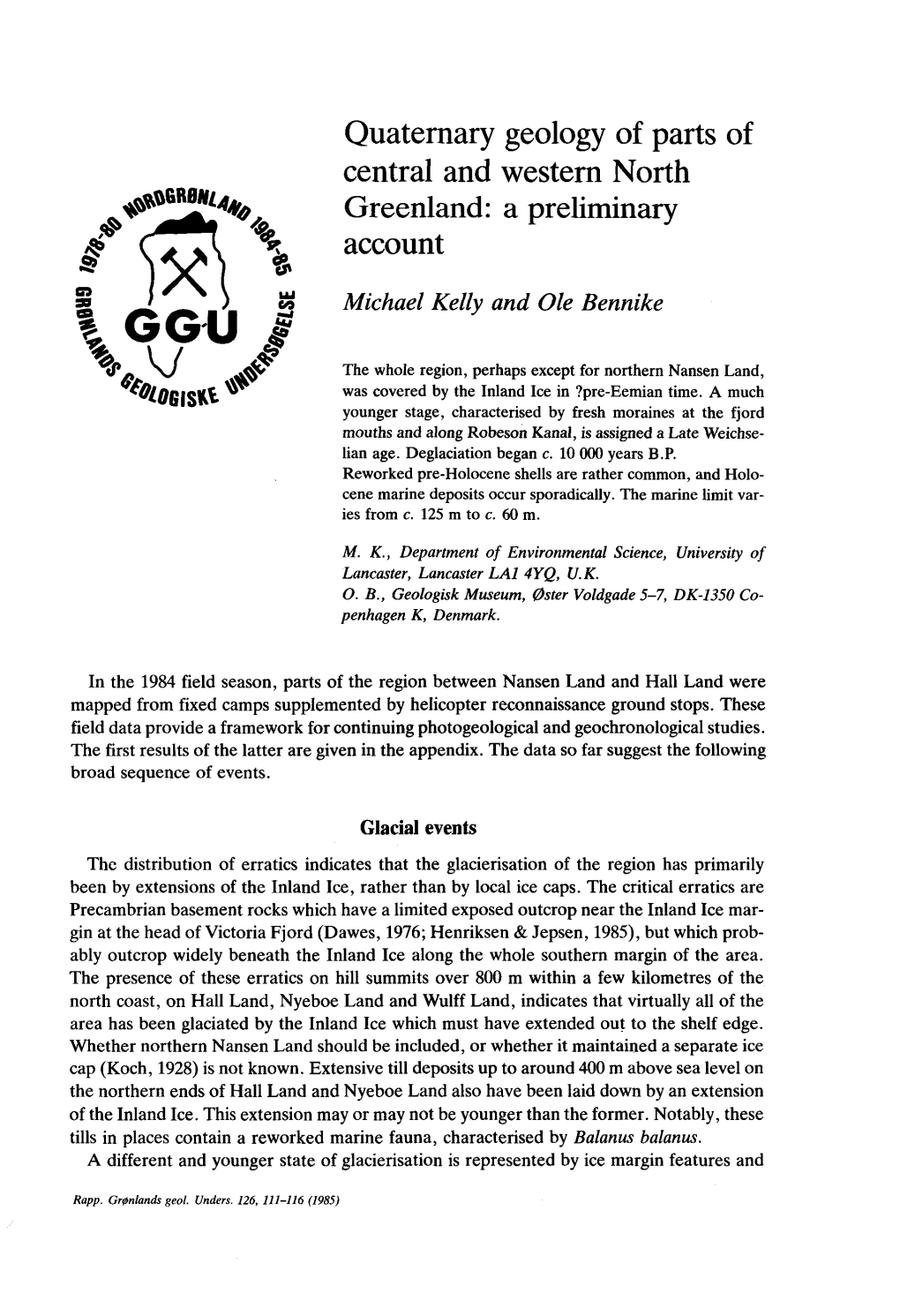 Quaternary Geology of Parts of Central and Western North Greenland: a Preliminary Account