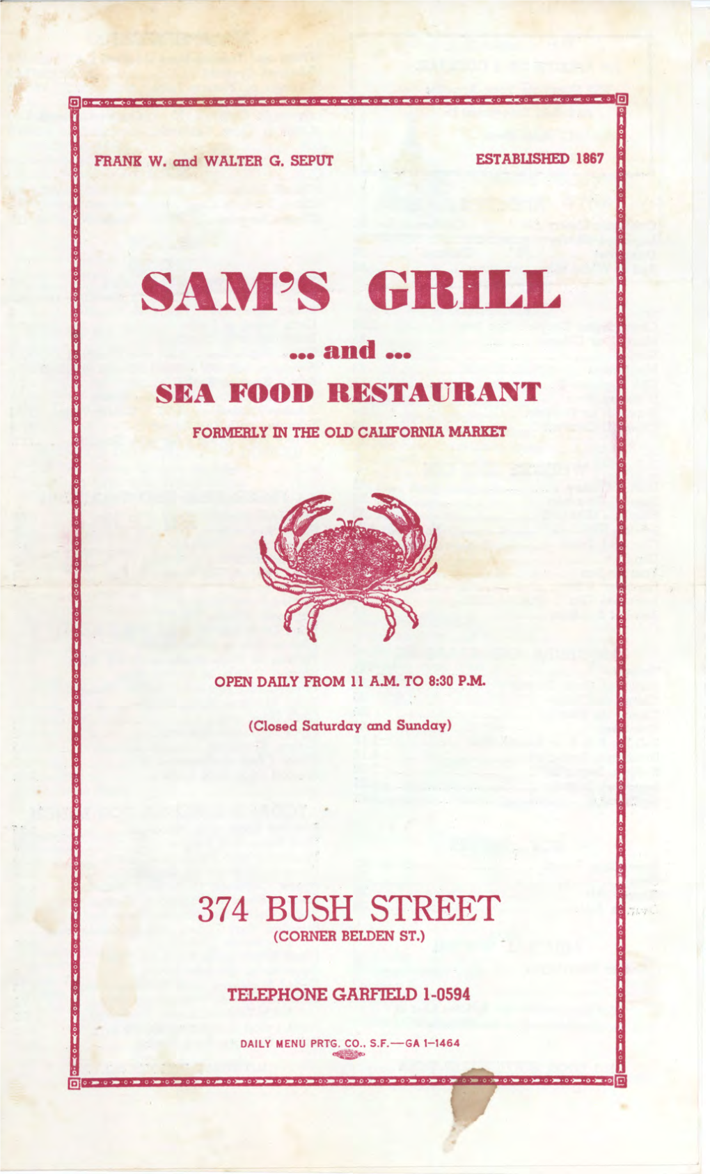 SAM~S GRILL 37 4 BUSH STREET