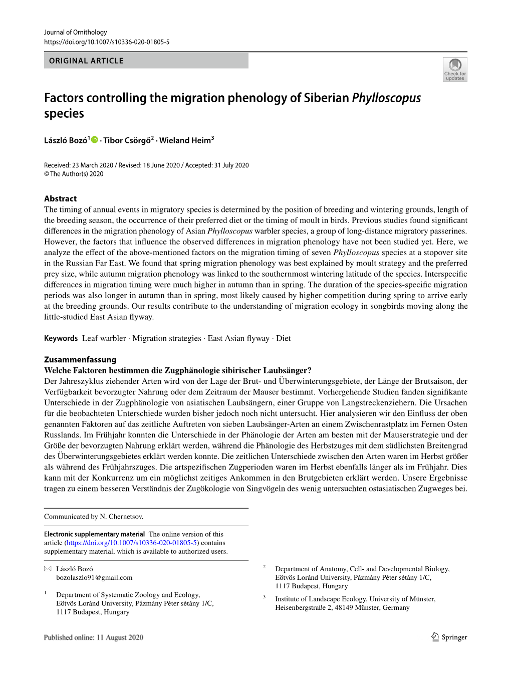 Factors Controlling the Migration Phenology of Siberian Phylloscopus Species