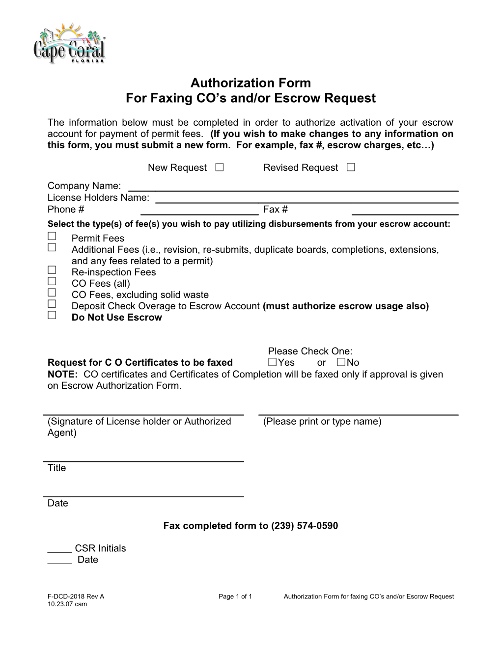 For Faxing CO S And/Or Escrow Request