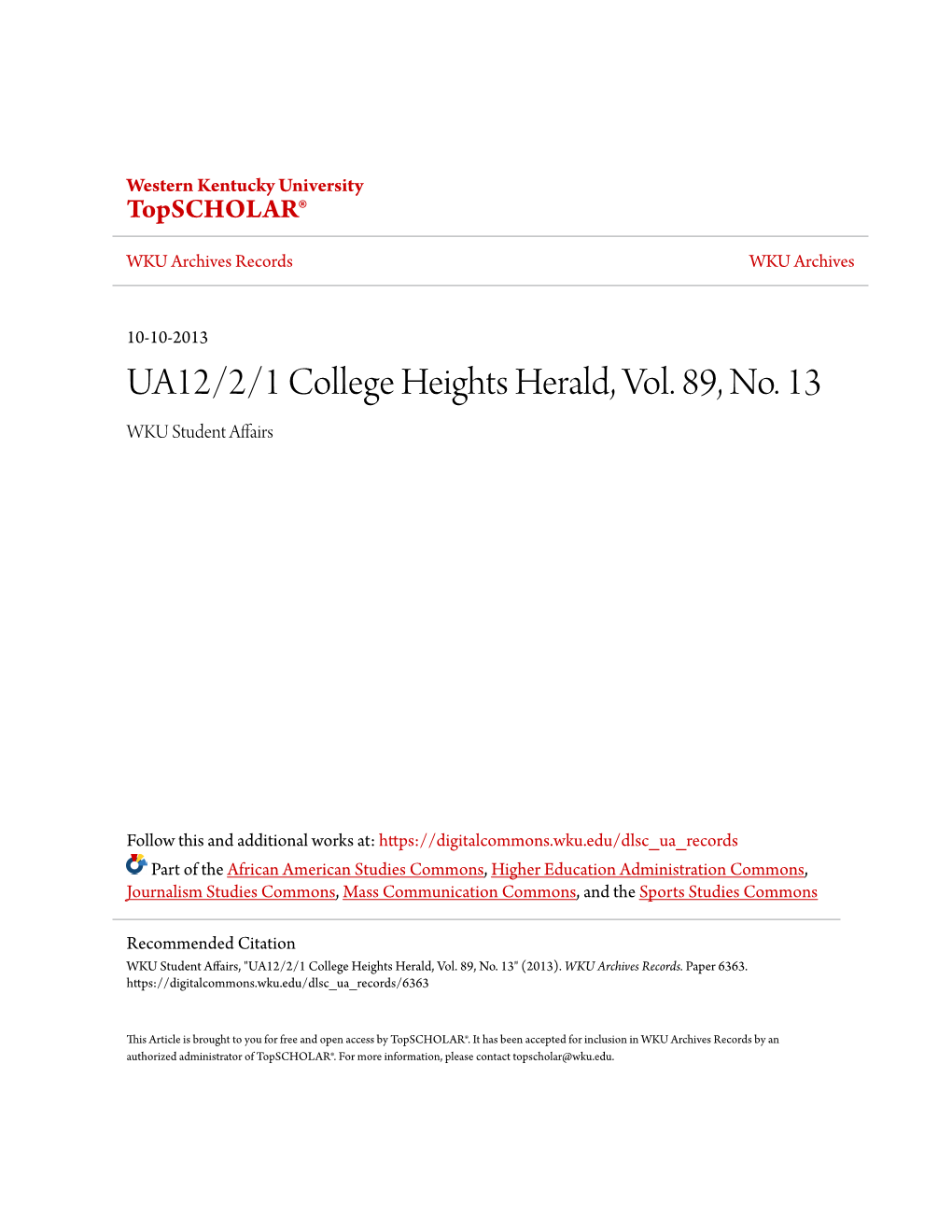 UA12/2/1 College Heights Herald, Vol. 89, No. 13 WKU Student Affairs