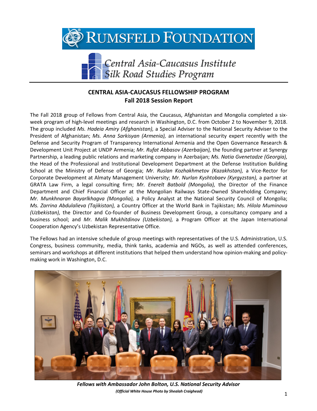 CENTRAL ASIA-CAUCASUS FELLOWSHIP PROGRAM Fall 2018 Session Report