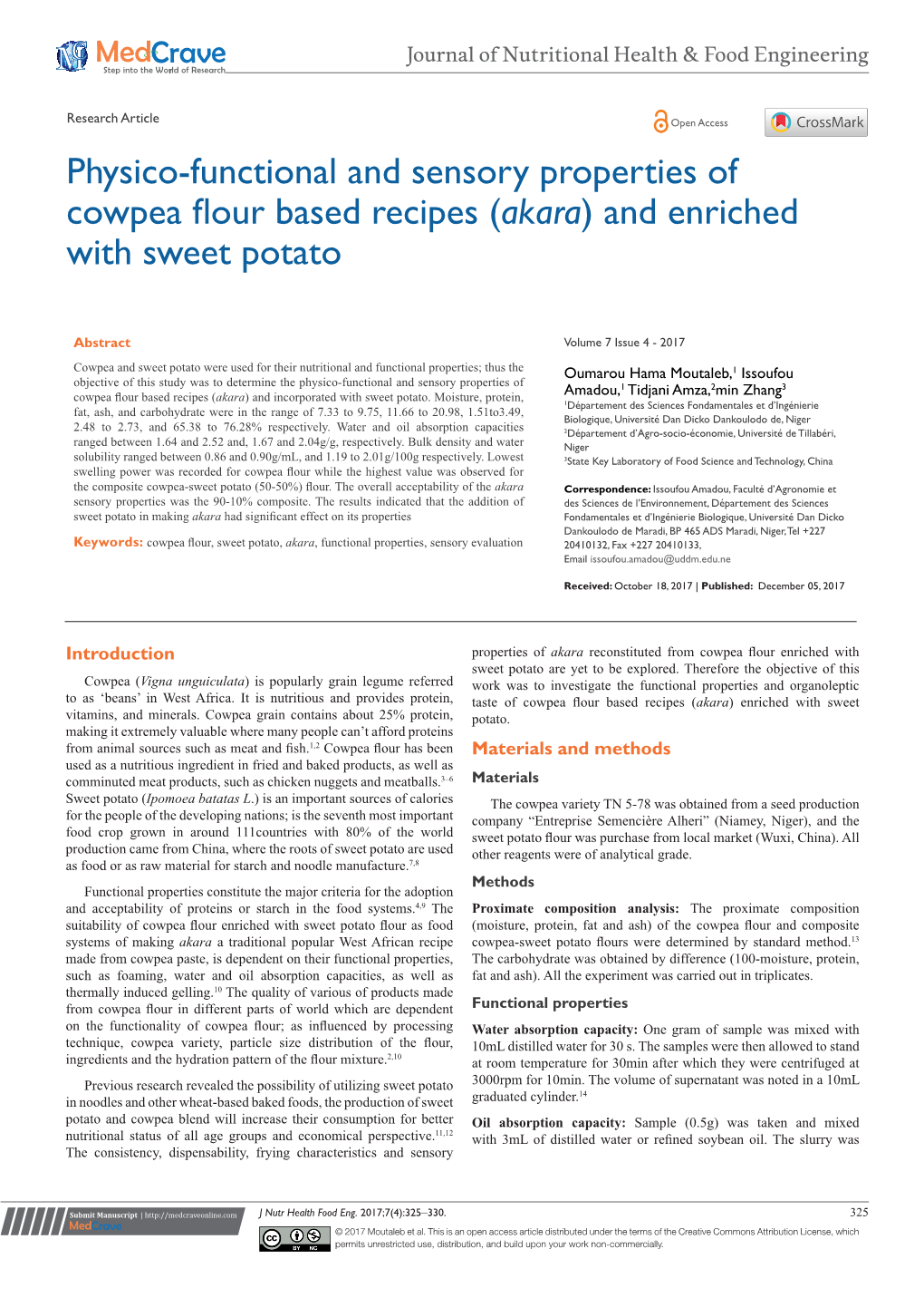 Physico-Functional and Sensory Properties of Cowpea Flour Based Recipes (Akara) and Enriched with Sweet Potato