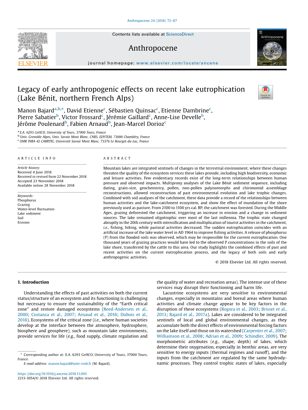 Legacy of Early Anthropogenic Effects on Recent Lake Eutrophication