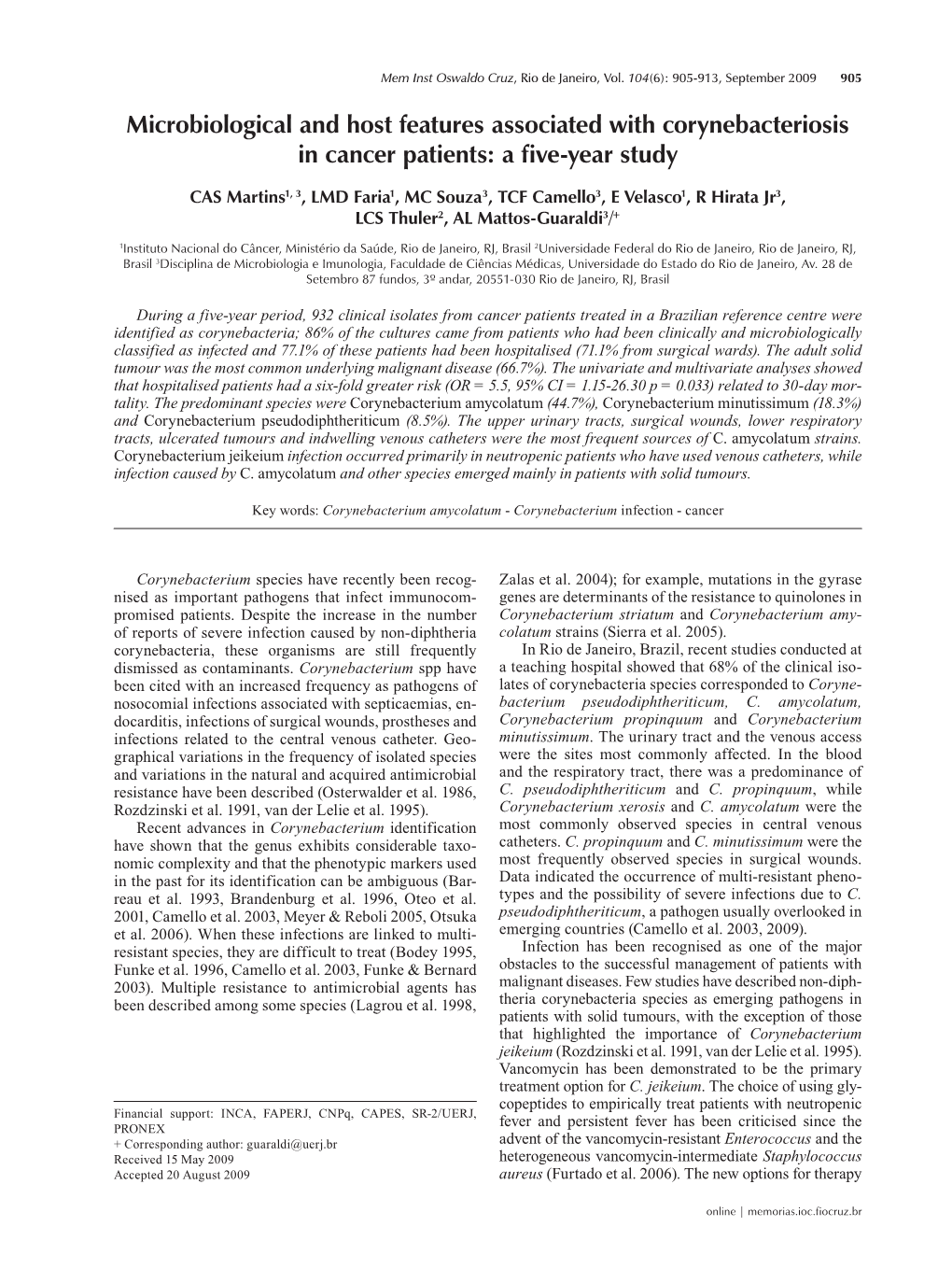 Microbiological and Host Features Associated with Corynebacteriosis in Cancer Patients: a Five-Year Study