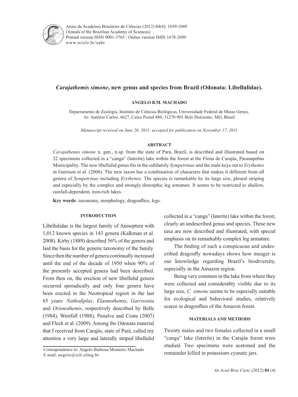 Carajathemis Simone, New Genus and Species from Brazil (Odonata: Libellulidae)