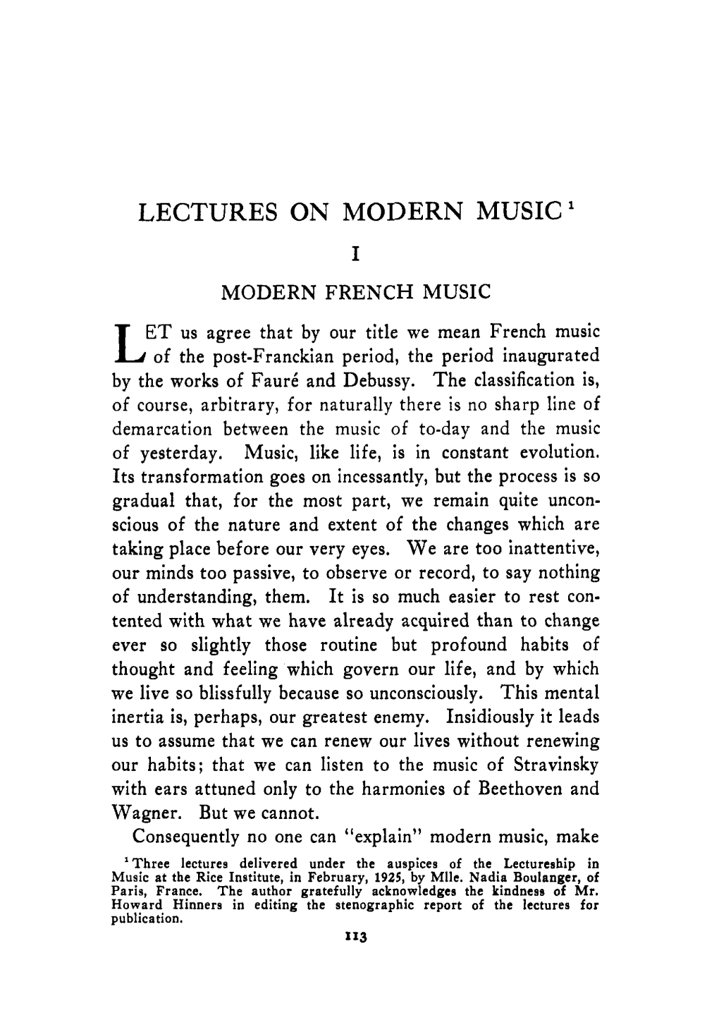 Lectures on Modern Music'
