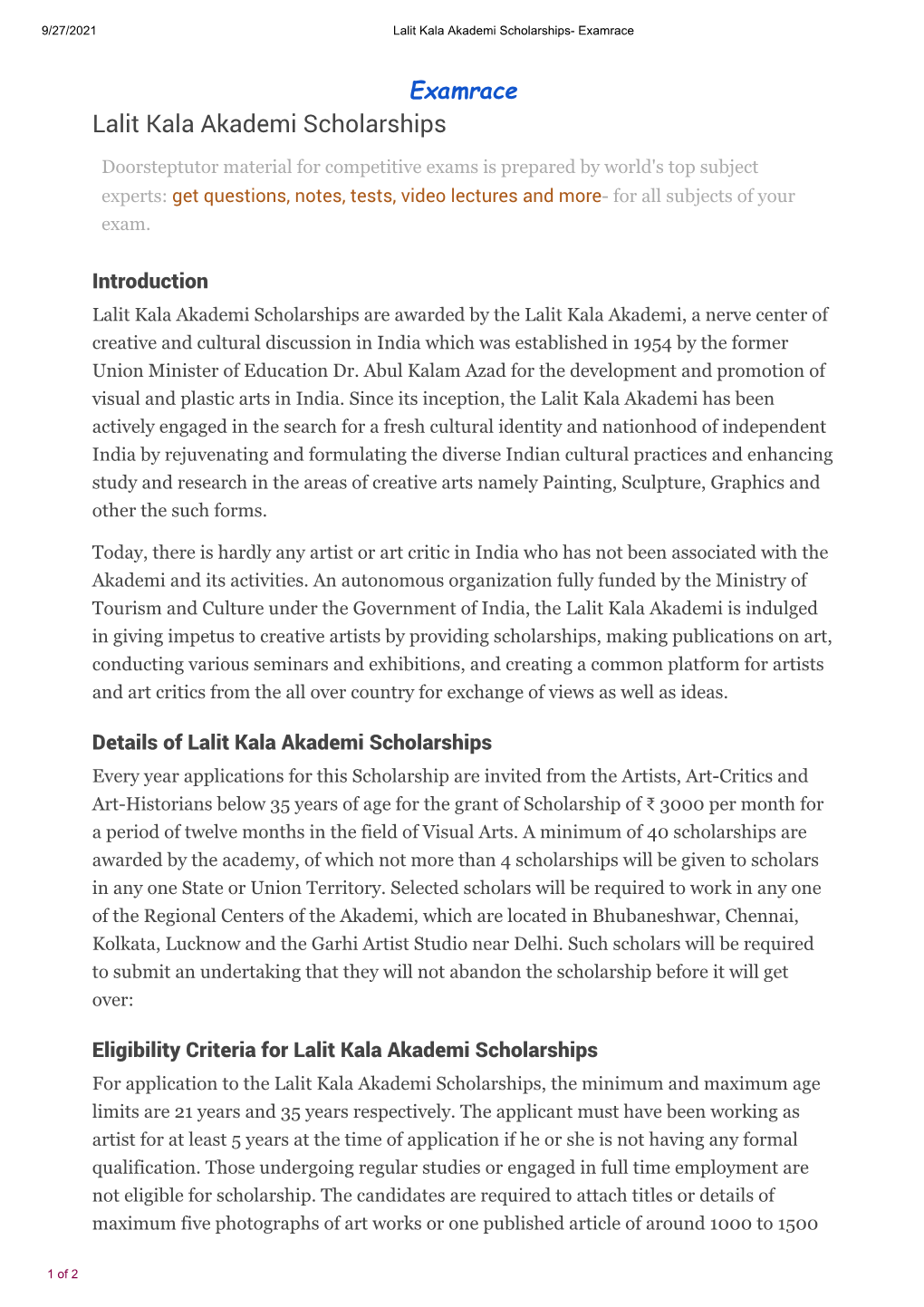 Lalit Kala Akademi Scholarships- Examrace