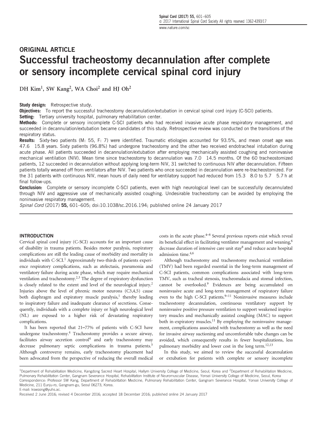 Successful Tracheostomy Decannulation After Complete Or Sensory Incomplete Cervical Spinal Cord Injury