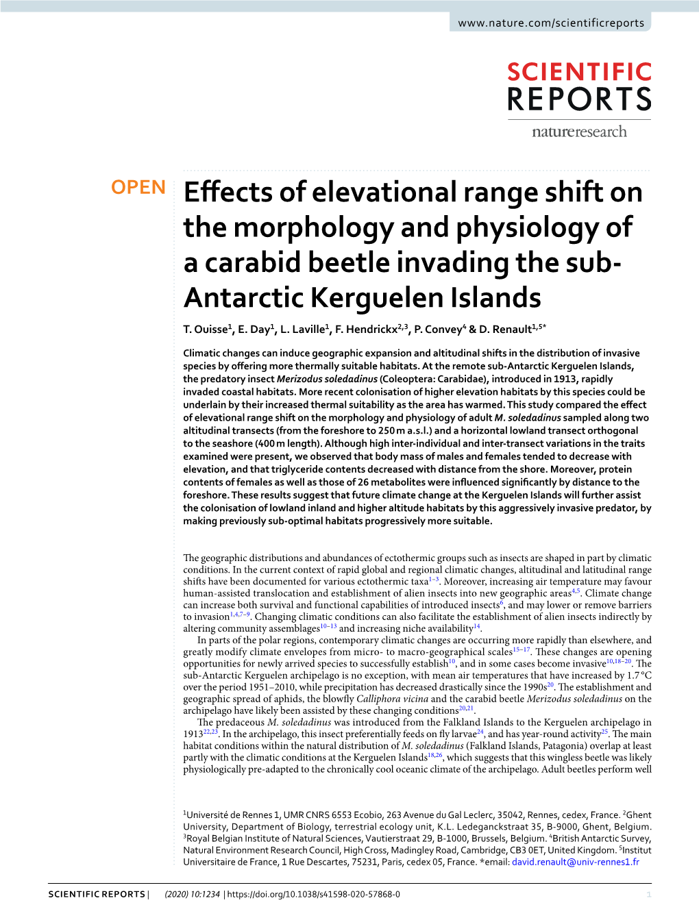 Effects of Elevational Range Shift on the Morphology and Physiology of a Carabid Beetle Invading the Sub-Antarctic Kerguelen