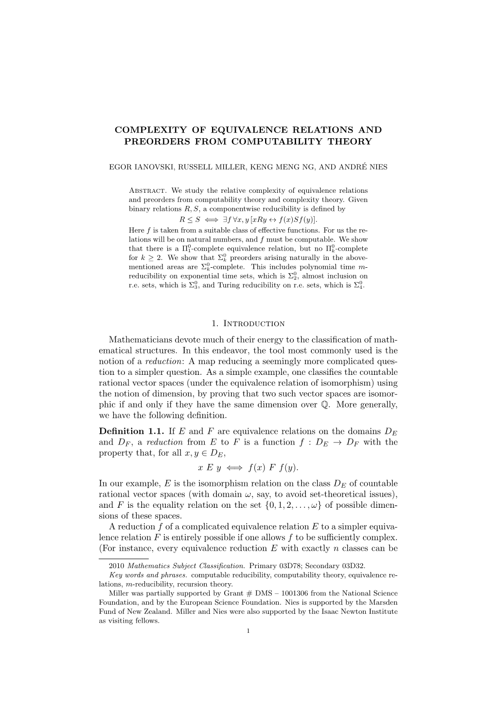 Complexity of Equivalence Relations and Preorders from Computability Theory