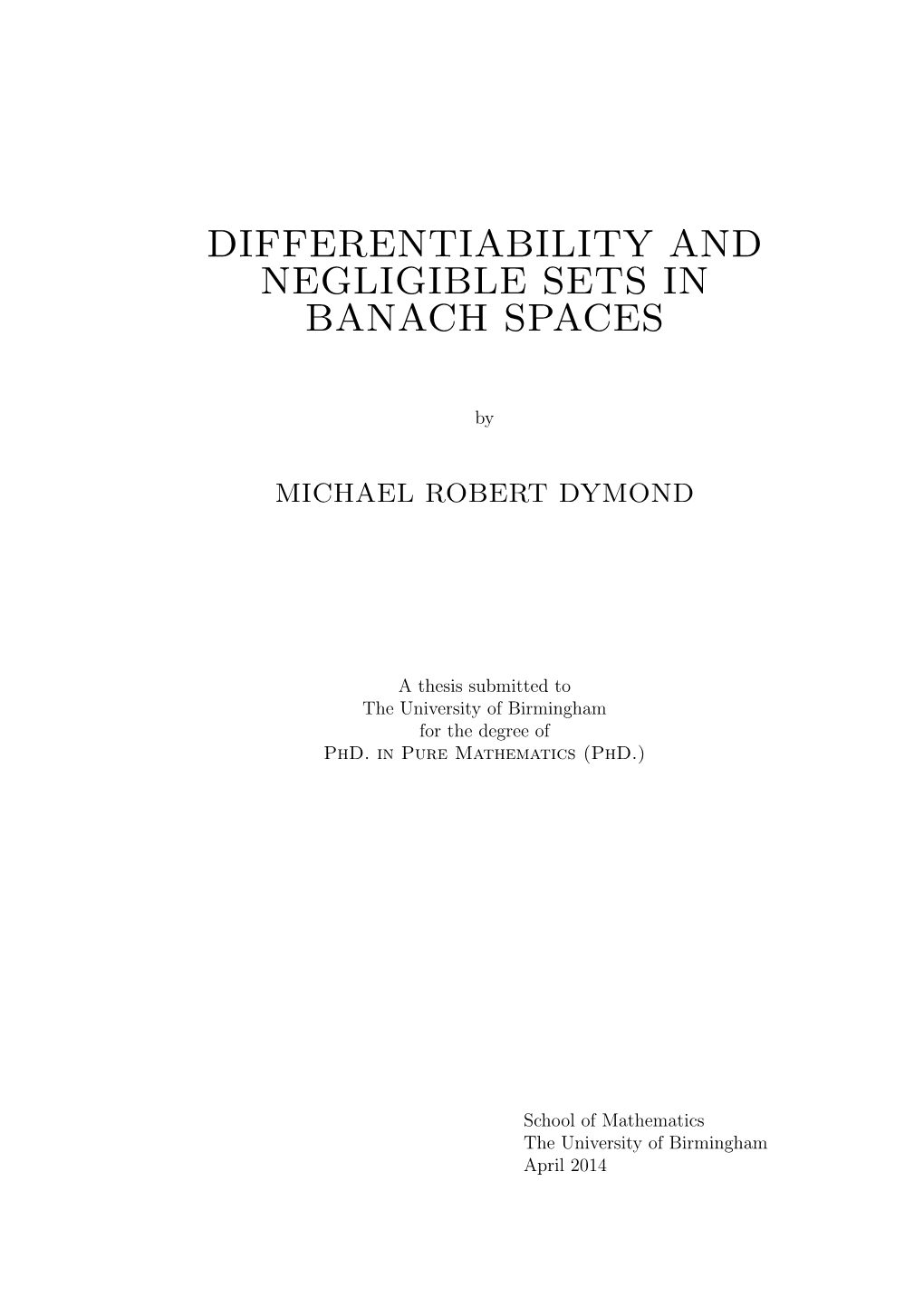 Differentiability and Negligible Sets in Banach Spaces