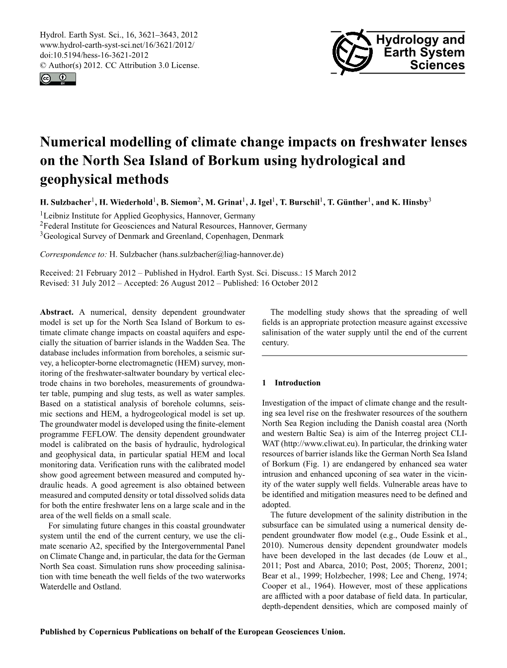 Numerical Modelling of Climate Change Impacts on Freshwater Lenses on the North Sea Island of Borkum Using Hydrological and Geophysical Methods