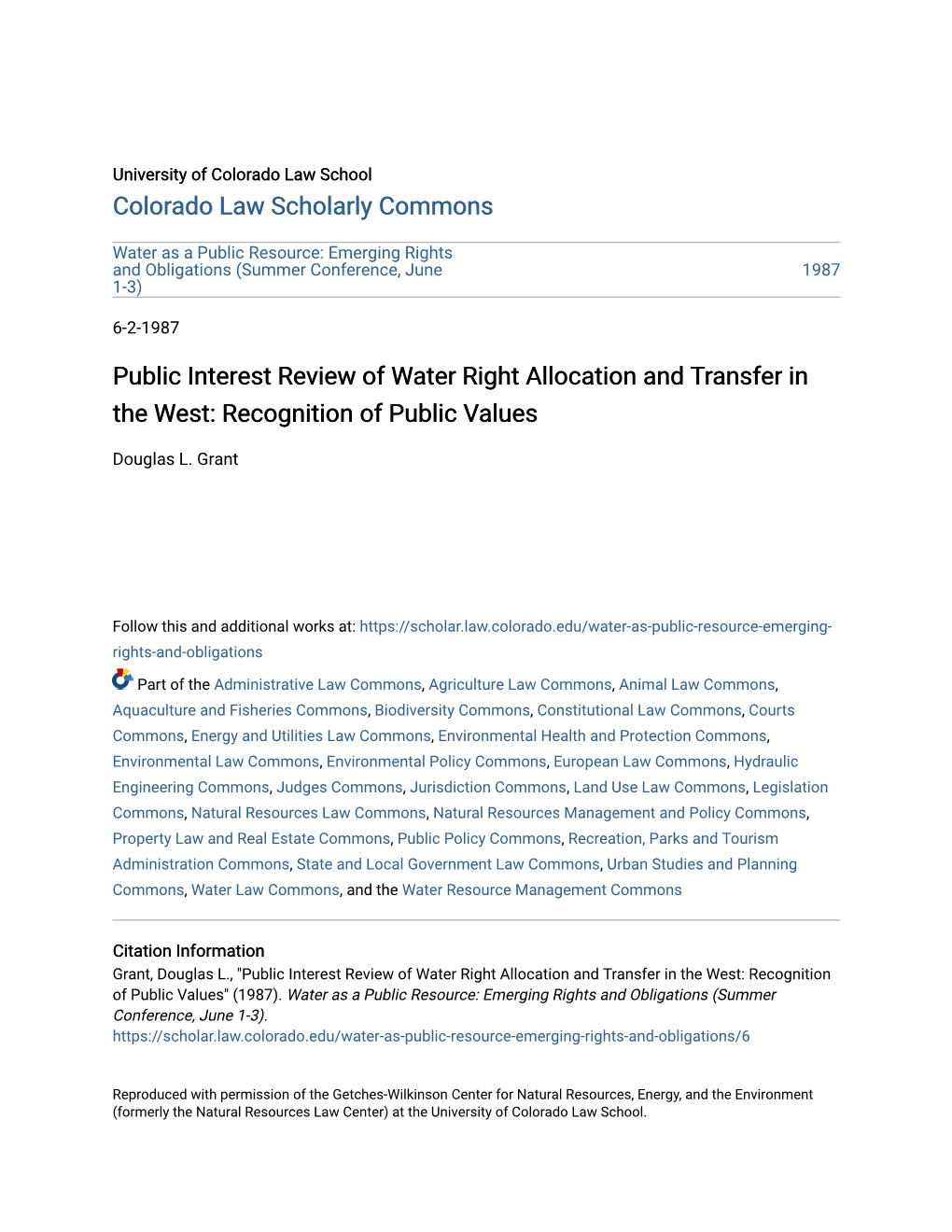 Public Interest Review of Water Right Allocation and Transfer in the West: Recognition of Public Values