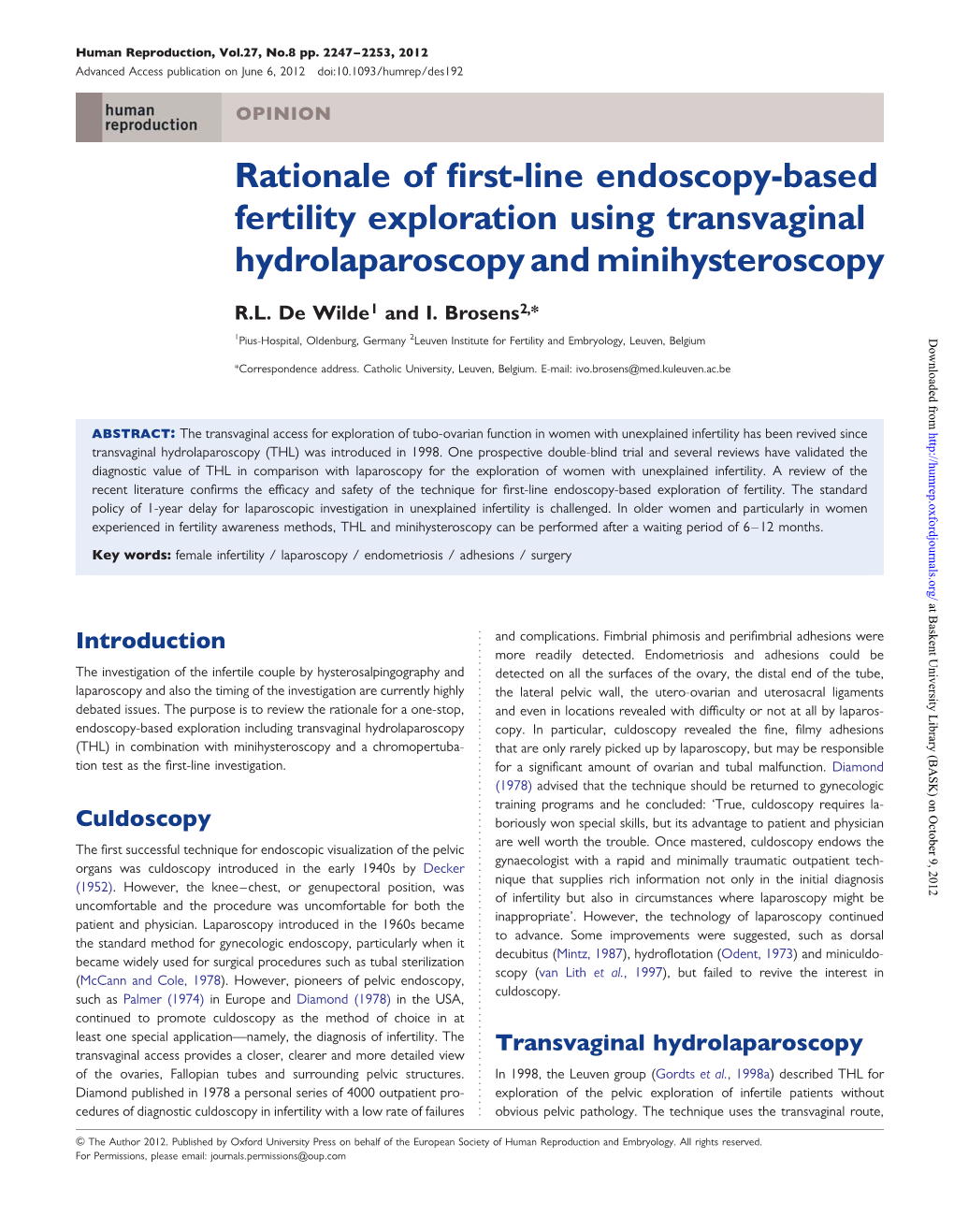 Rationale of First-Line Endoscopy-Based Fertility Exploration Using Transvaginal Hydrolaparoscopy and Minihysteroscopy