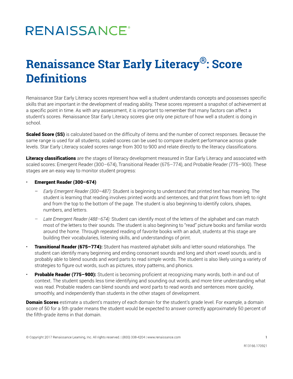 Renaissance Star Early Literacy : Score Definitions