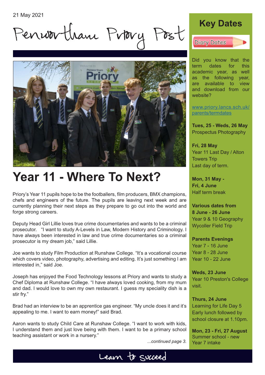 Penwortham Priory Post Did You Know That the Term Dates for This Academic Year, As Well As the Following Year, Are Available to View and Download from Our Website?