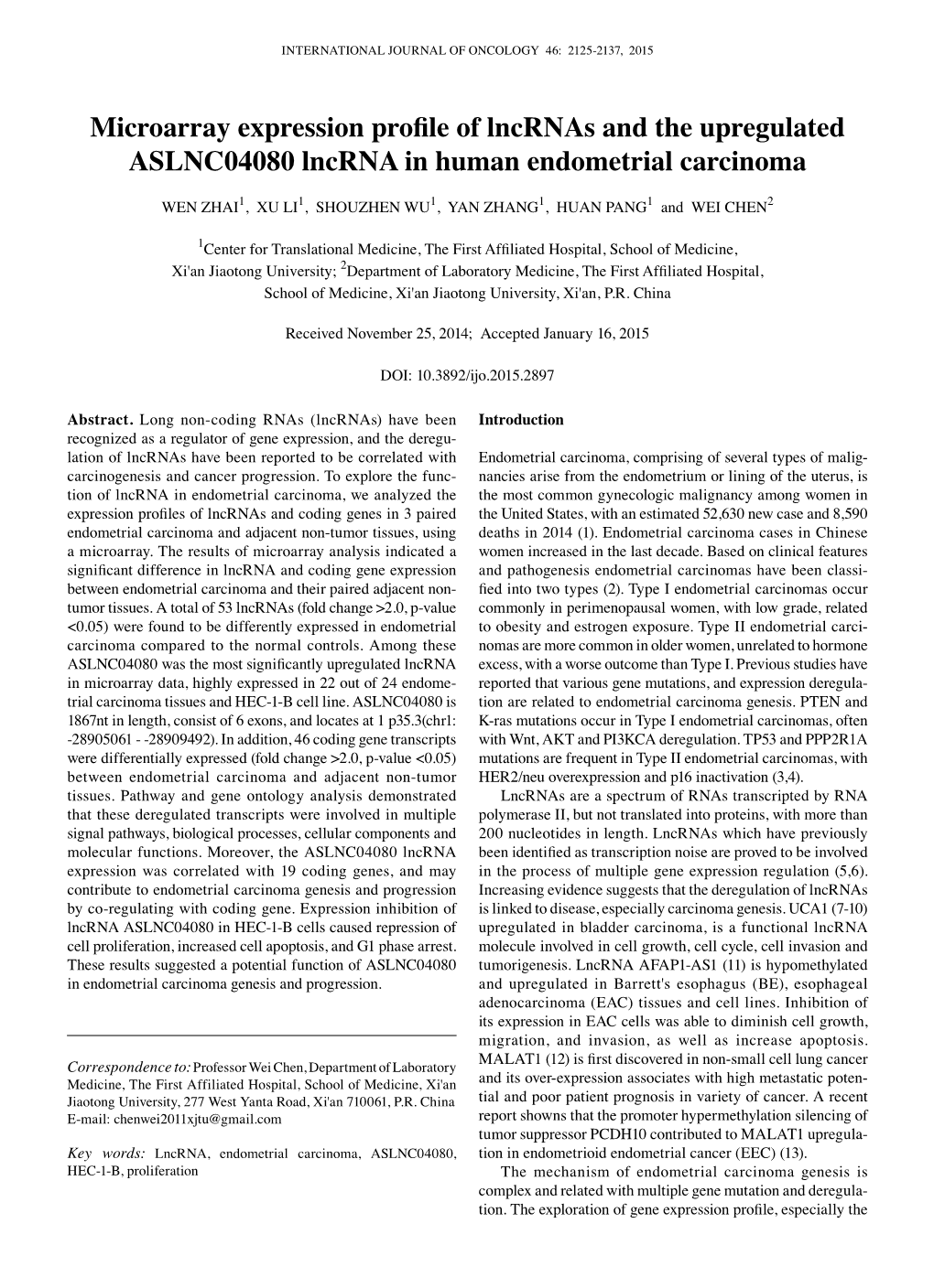 Microarray Expression Profile of Lncrnas and the Upregulated ASLNC04080 Lncrna in Human Endometrial Carcinoma