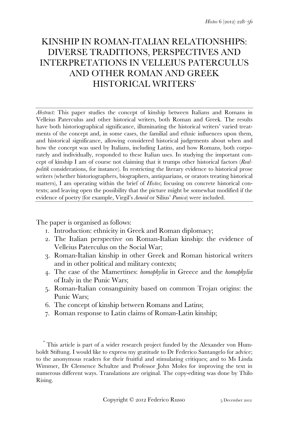 Kinship in Roman-Italian Relationships: Diverse Traditions, Perspectives and Interpretations in Velleius Paterculus and Other Roman and Greek Historical Writers *