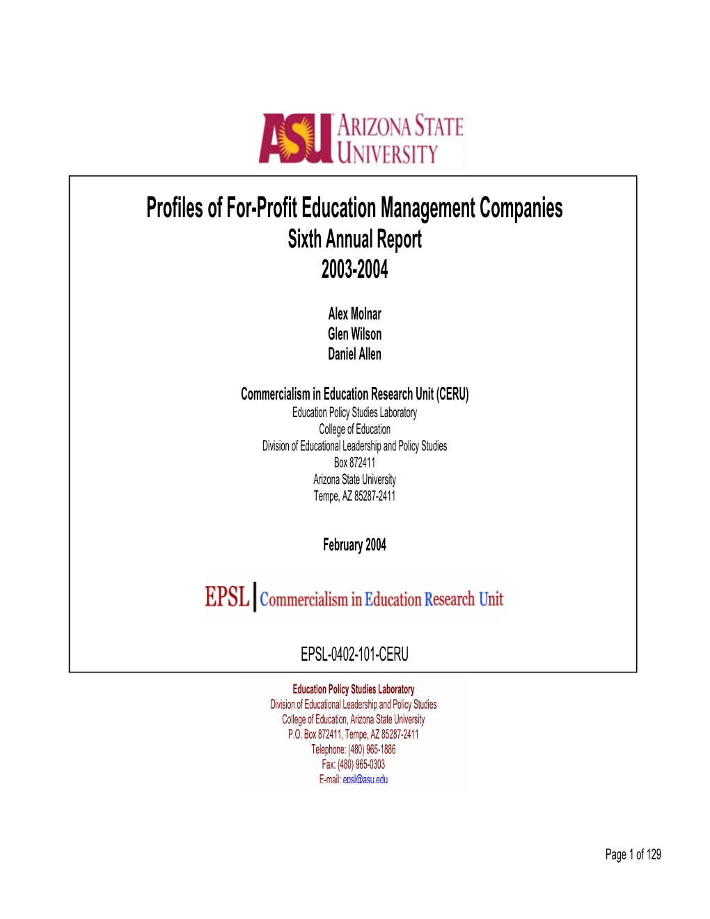 Profiles of For-Profit Education Management Companies Sixth Annual Report 2003-2004