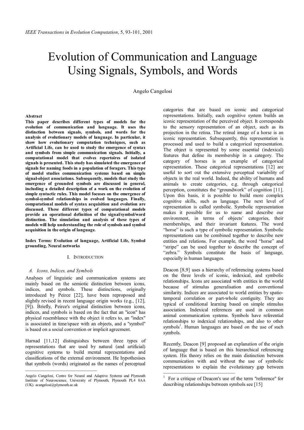 Evolution of Communication and Language Using Signals, Symbols