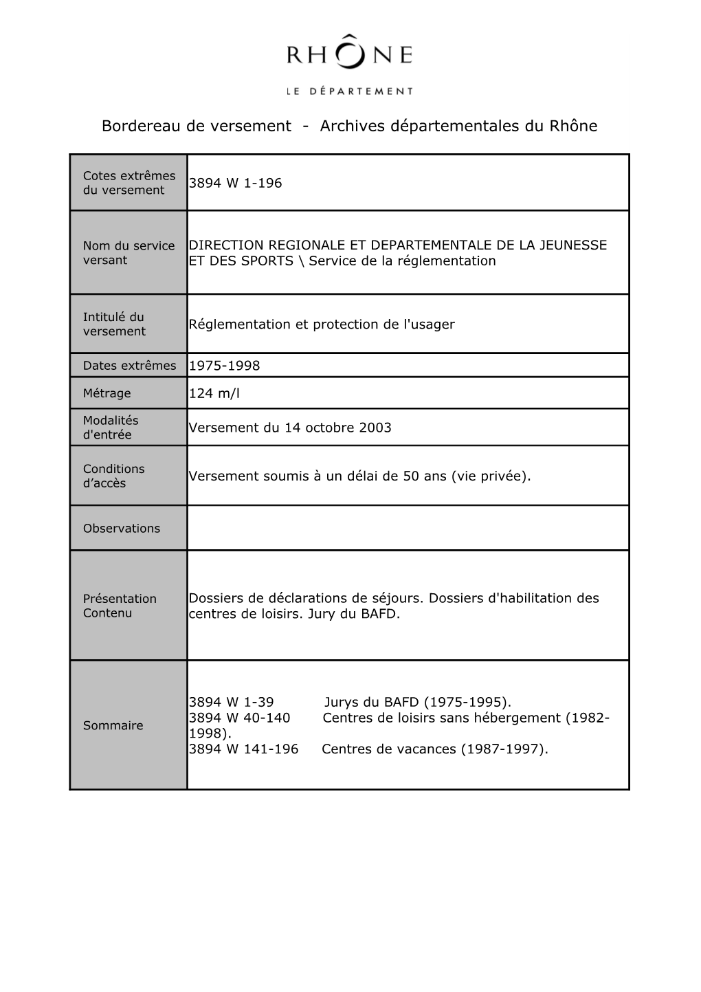Bordereau De Versement - Archives Départementales Du Rhône