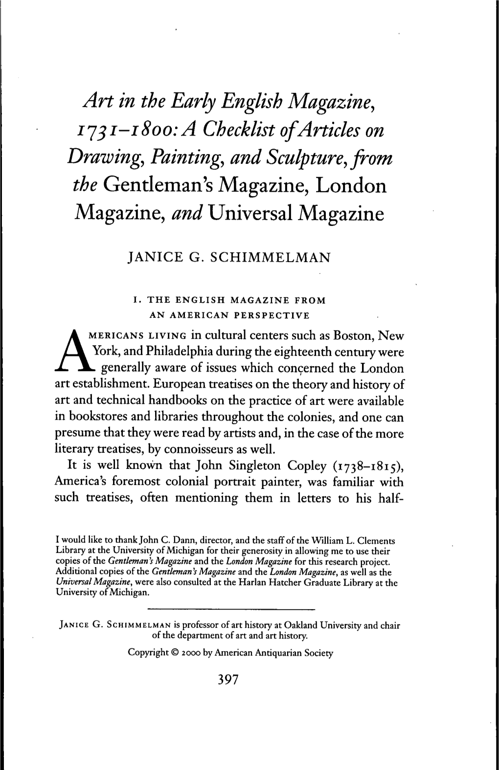 Art in the Early English Magazine, I'j^I-I8oo:A Checklist of Articles on Drawing, Painting, and Sculpture, from Thegentleman's M