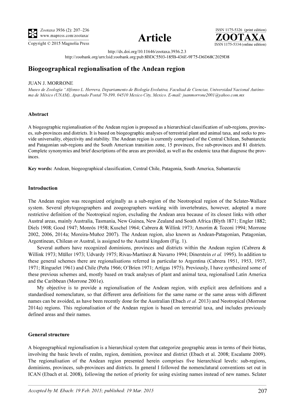 Biogeographical Regionalisation of the Andean Region