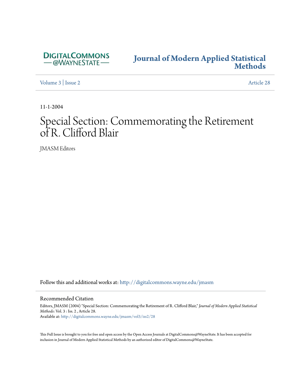 Commemorating the Retirement of R. Clifford Blair JMASM Editors