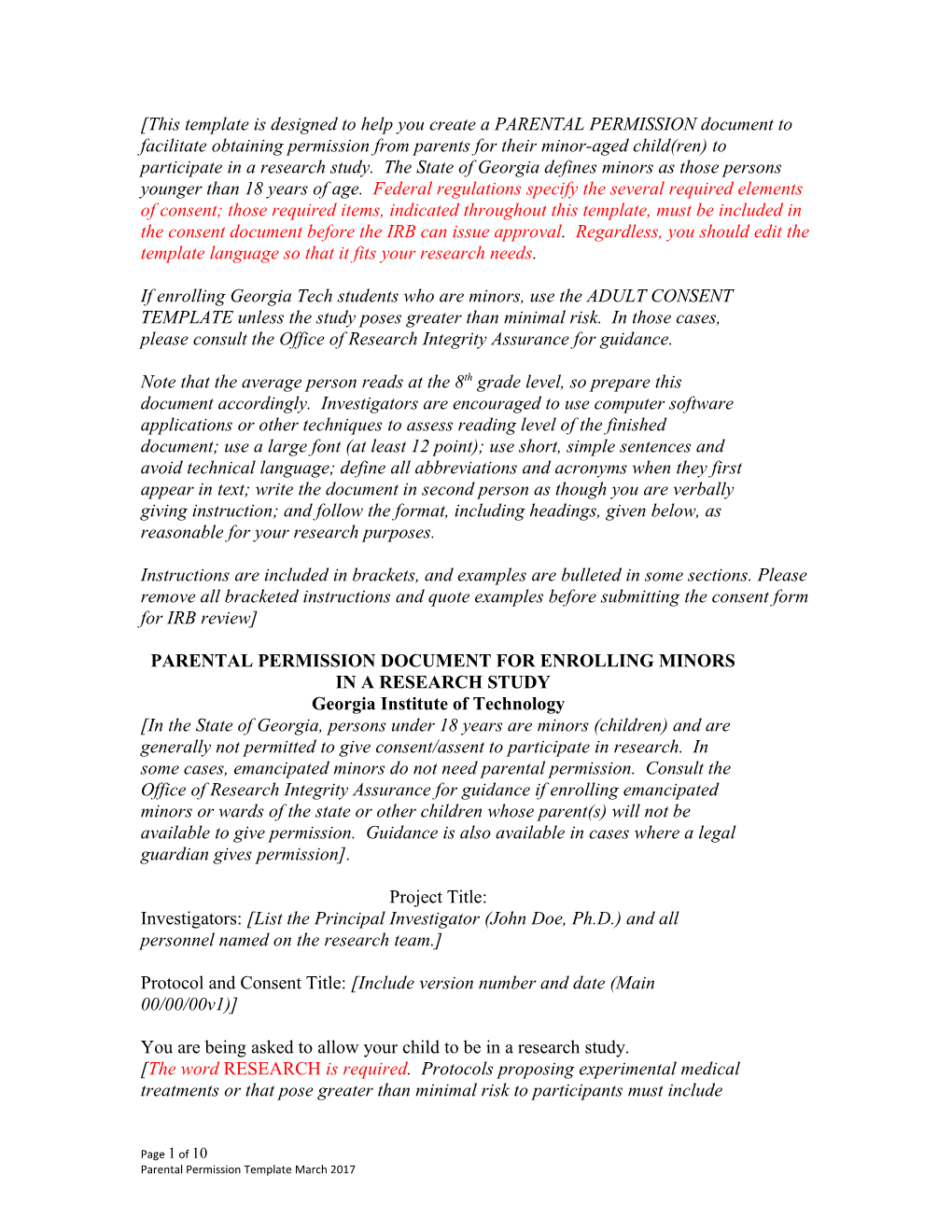 Parental Permission Document for Enrolling Minors in a Research Study