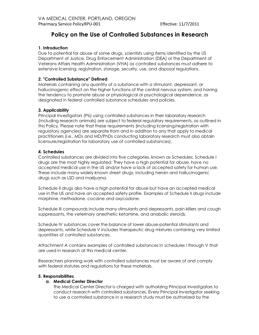 Policy on the Use of Controlled Substances in Research