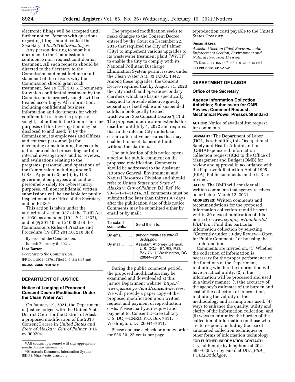 Federal Register/Vol. 86, No. 26/Wednesday, February 10, 2021