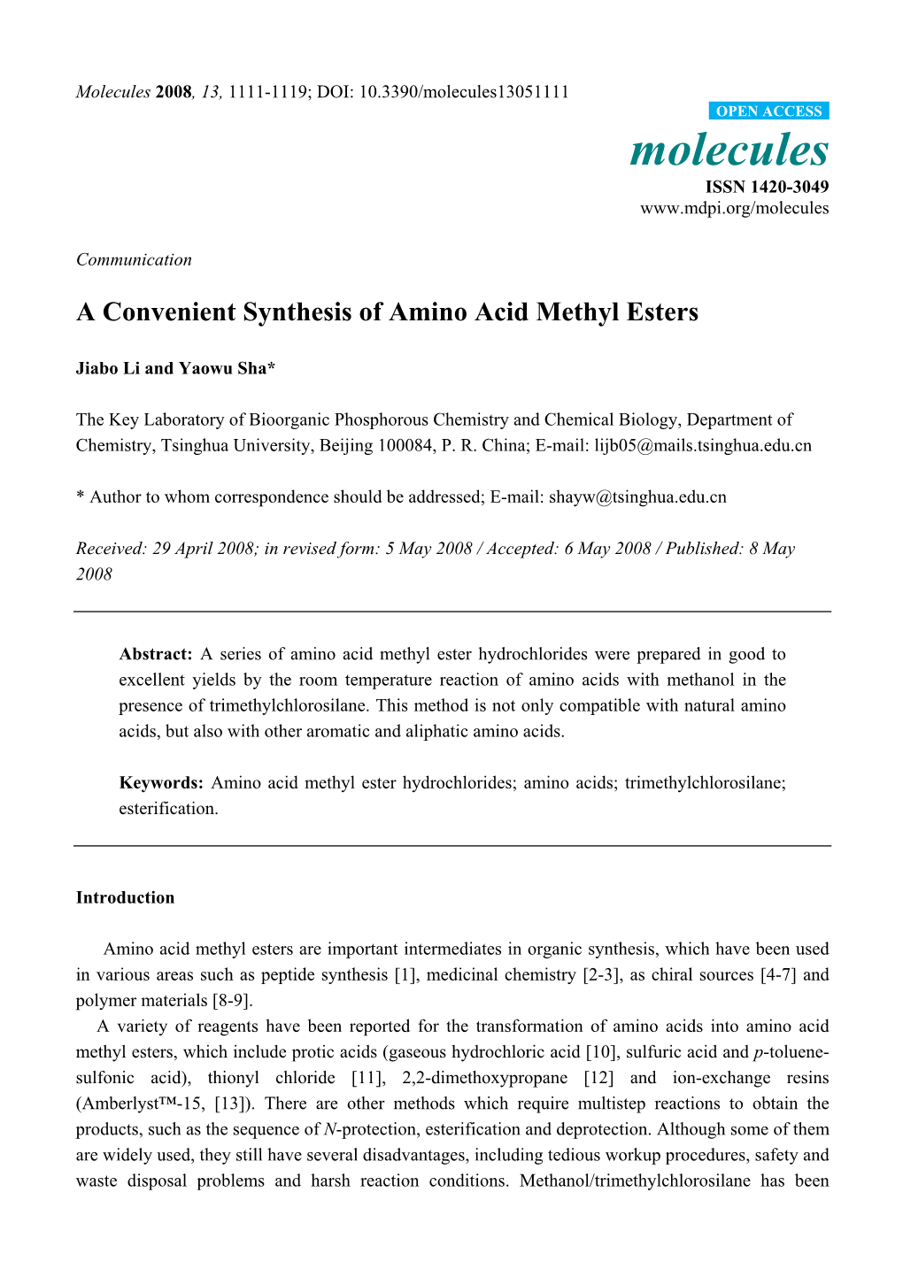 A Convenient Synthesis of Amino Acid Methyl Esters