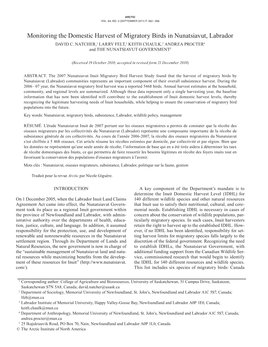 Monitoring the Domestic Harvest of Migratory Birds in Nunatsiavut, Labrador DAVID C