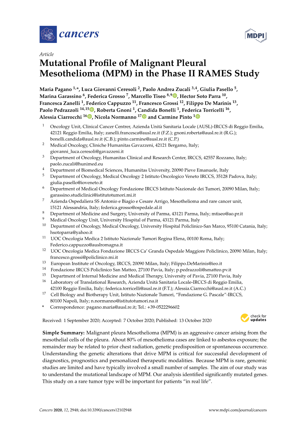 Mutational Profile of Malignant Pleural Mesothelioma