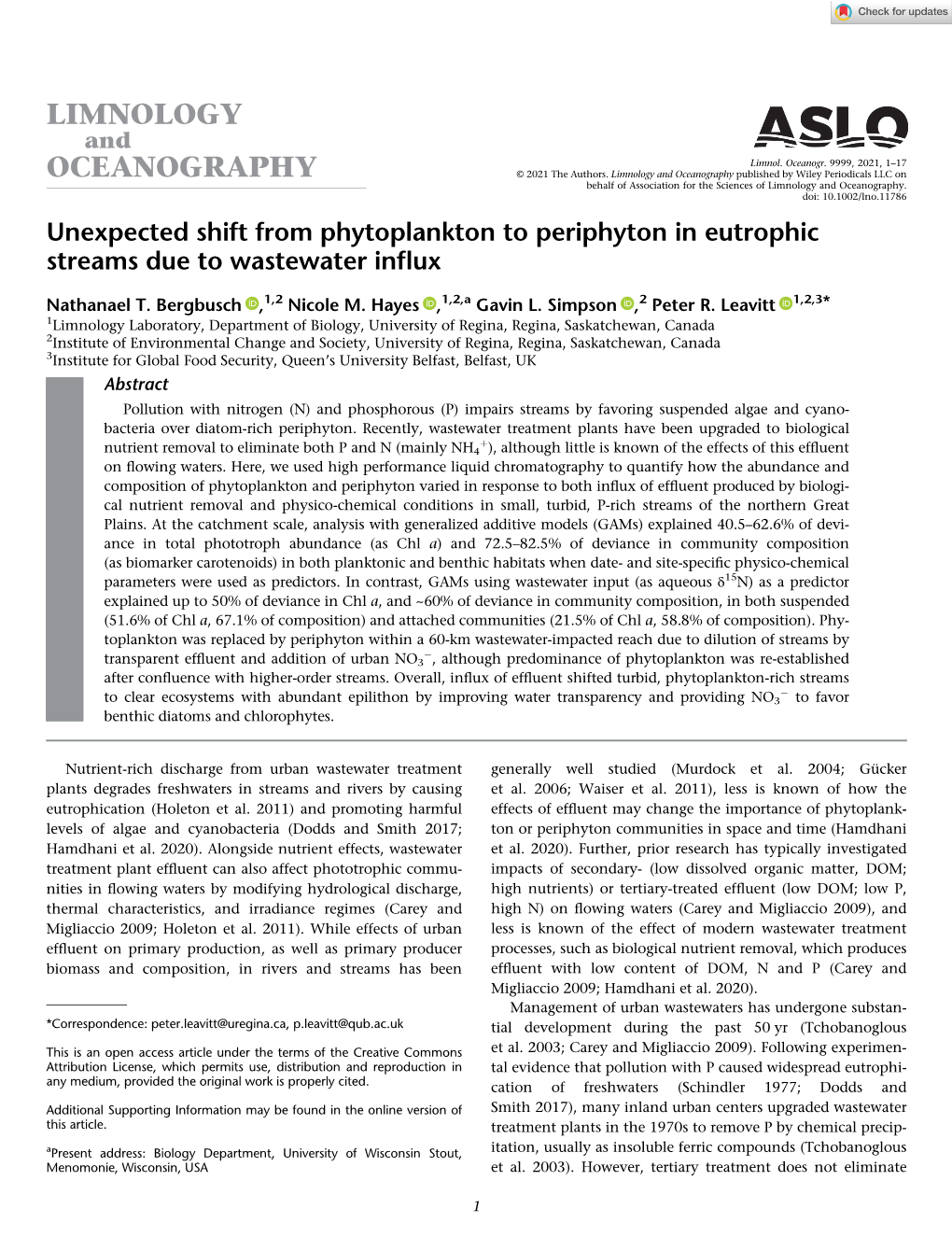 Unexpected Shift from Phytoplankton to Periphyton in Eutrophic Streams Due to Wastewater Inﬂux