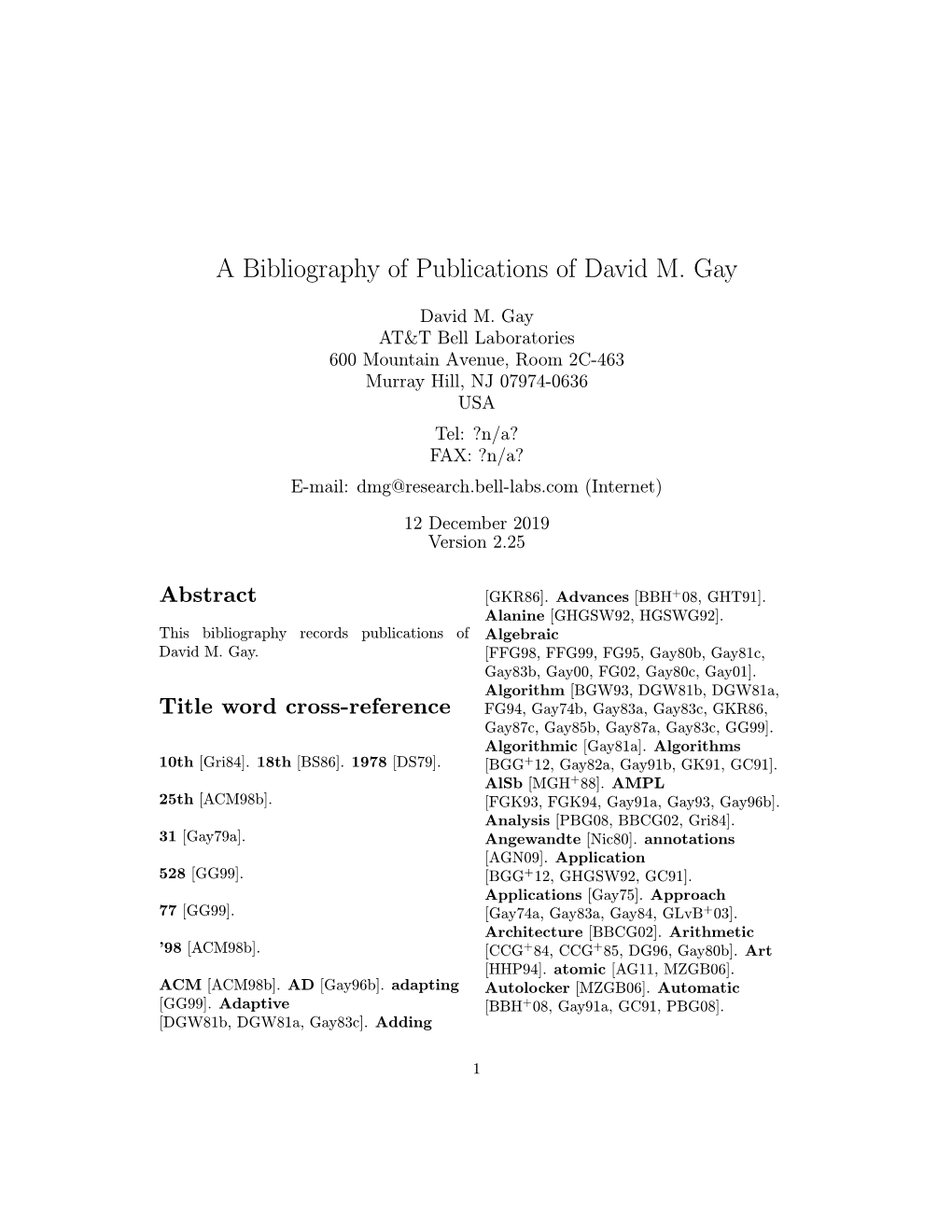 A Bibliography of Publications of David M. Gay