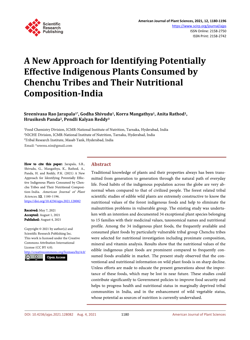 A New Approach for Identifying Potentially Effective Indigenous Plants Consumed by Chenchu Tribes and Their Nutritional Composition-India