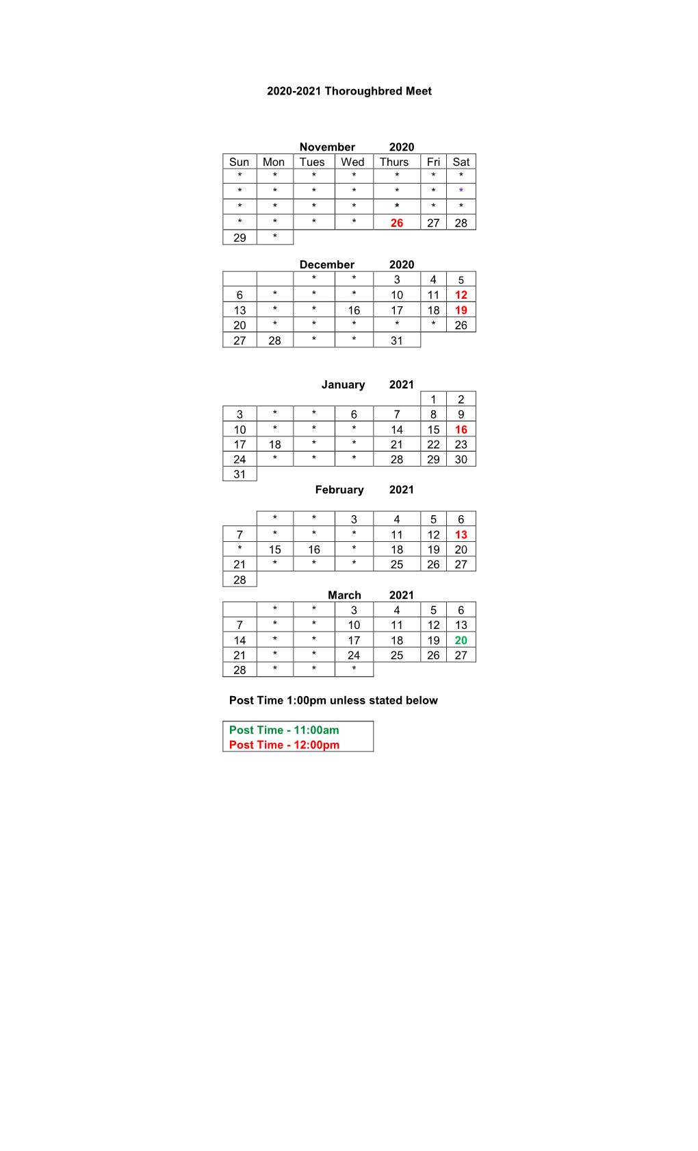 2020-2021 Thoroughbred Meet November 2020 Sun Mon Tues