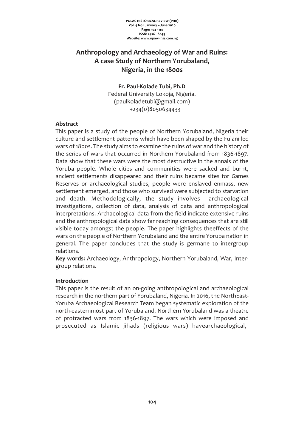 Anthropology and Archaeology of War and Ruins: a Case Study of Northern Yorubaland, Nigeria, in the 1800S