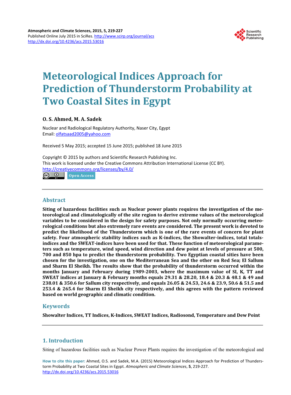 Meteorological Indices Approach for Prediction of Thunderstorm Probability at Two Coastal Sites in Egypt
