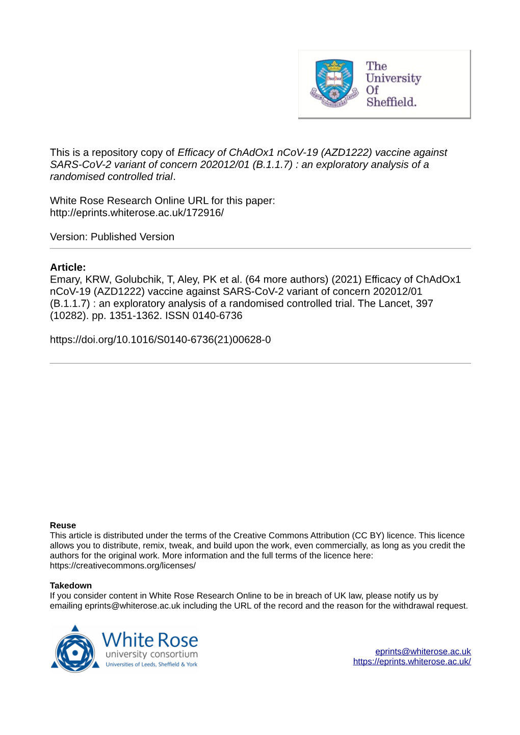 Efficacy of Chadox1 Ncov-19 (AZD1222) Vaccine Against SARS-Cov-2 Variant of Concern 202012/01 (B.1.1.7) : an Exploratory Analysis of a Randomised Controlled Trial